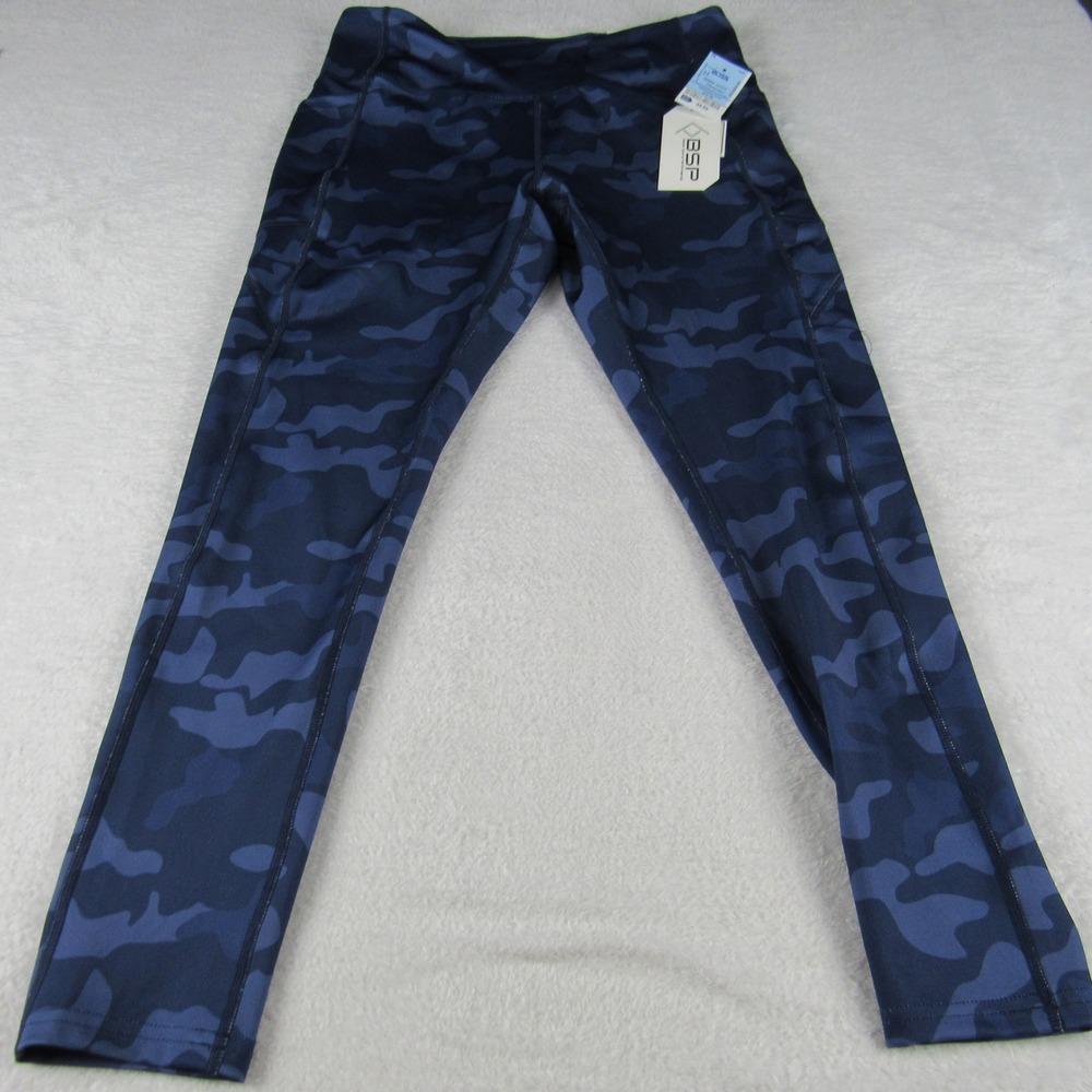BSP Full Length Leggings Women XL Blue Camo‎ Media Pocket Activewear Pants NWT